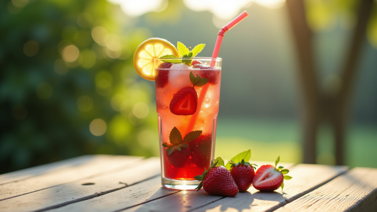 Refreshing strawberry drink with lemon and mint, outdoor setting, bright and sunny, 8K quality, Drink refrescante de morango com limão e hortelã.