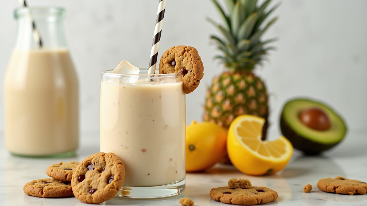 Refreshing whey protein cookie shake in a glass with ice cubes and a straw, tropical fruits around, Shake refrescante de whey de cookies