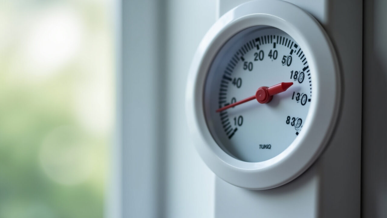 Refrigerator interior, thermometer showing temperature, food safety, concept of fridge temperature, Termômetro indicando a temperatura ideal da geladeira para conservar alimentos.