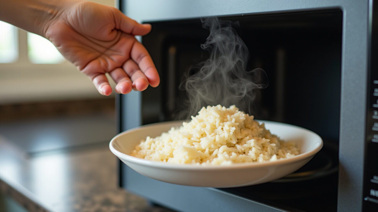 Reheating rice in microwave, steam coming out, plate of rice, food safety concept, 8k, professional Reaquecendo arroz cozido no microondas.
