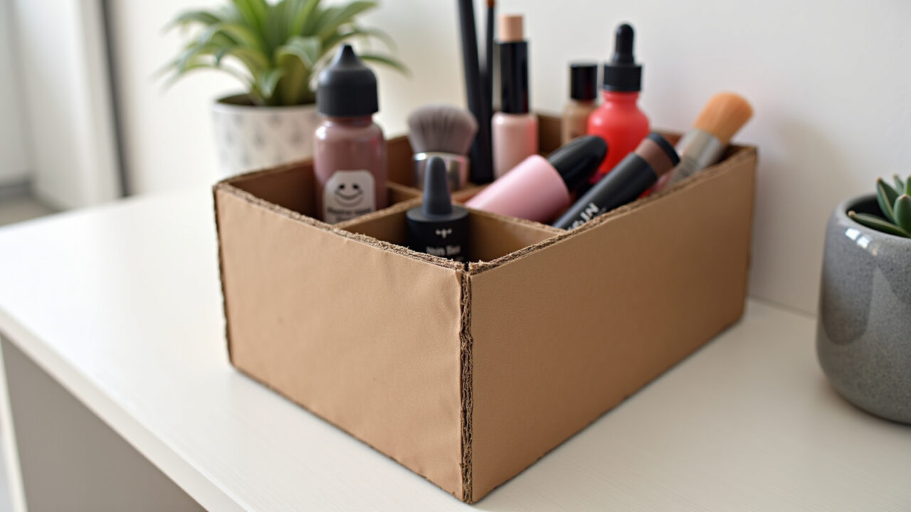 Reinforced cardboard makeup organizer, sturdy construction, tape, glue, DIY, 8k, sharp focus, Organizador de maquiagem reciclado resistente e durável.