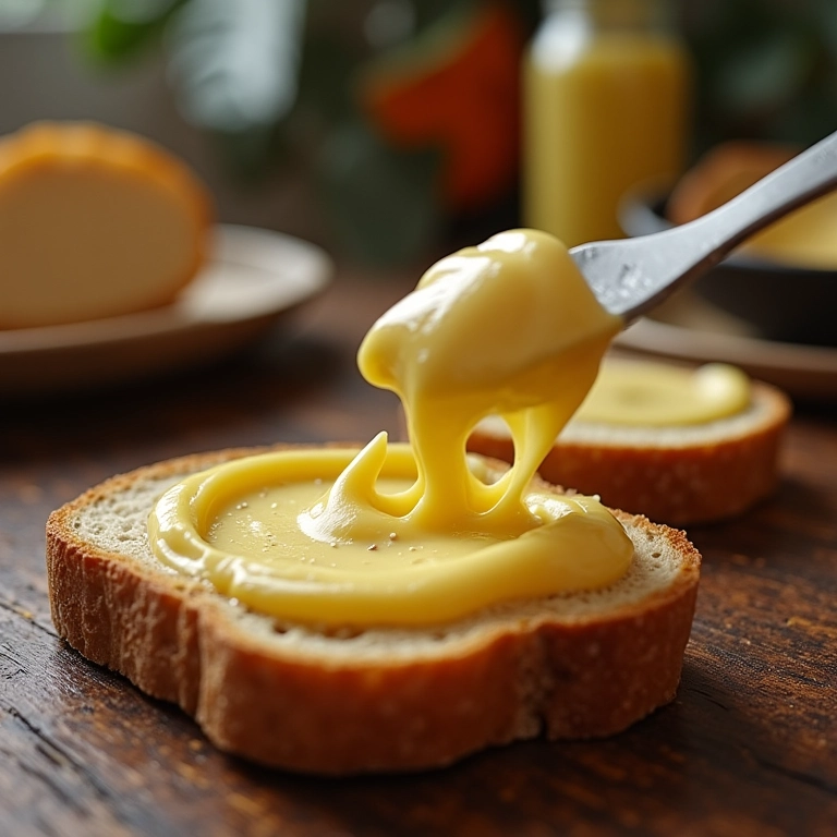 Requeijão caseiro sendo espalhado em torrada.