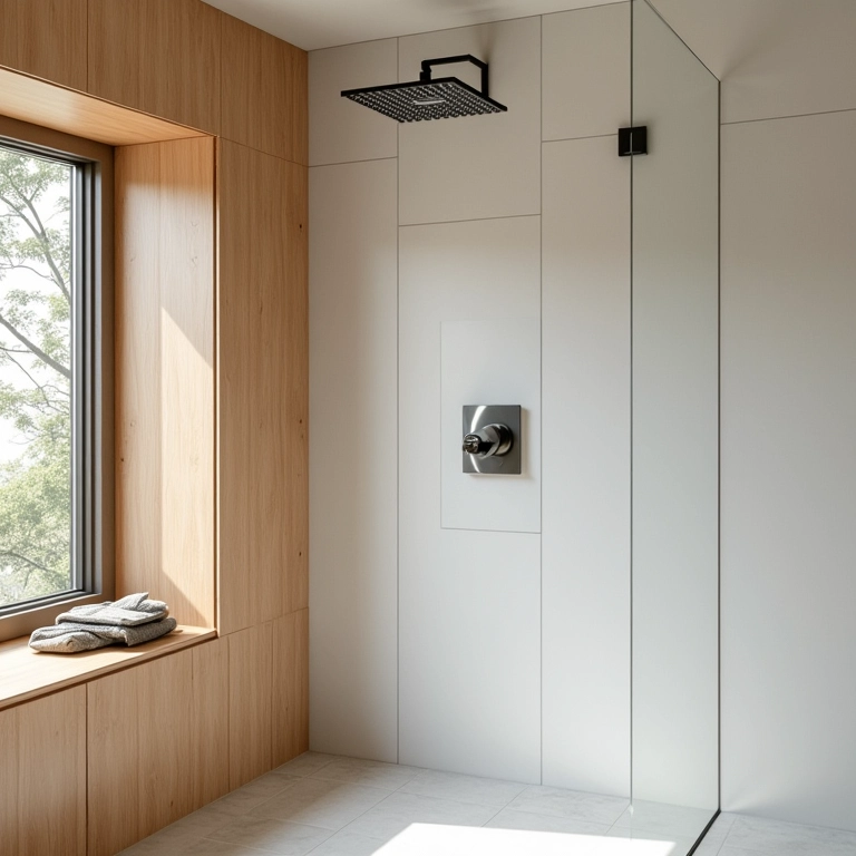 Revestimento de madeira na parede do box.