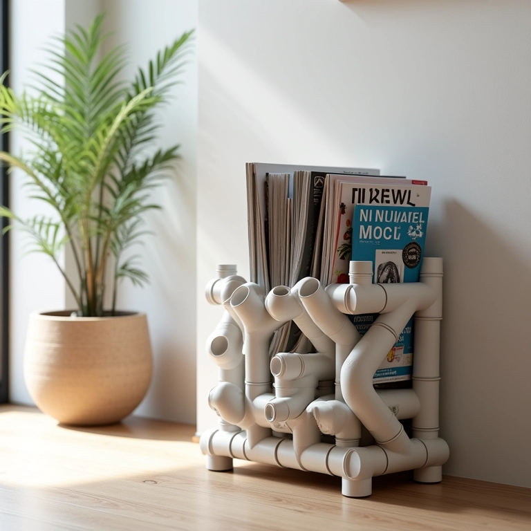 Revisteiro criativo feito de canos de PVC reciclados em um apartamento moderno.