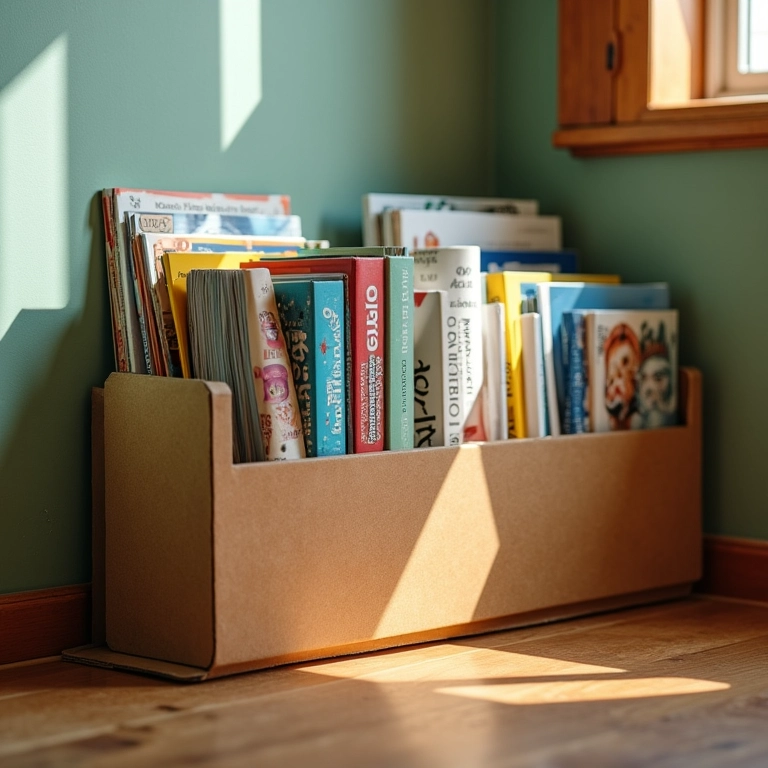Revisteiro de papelão para organizar suas revistas e livros de forma sustentável.