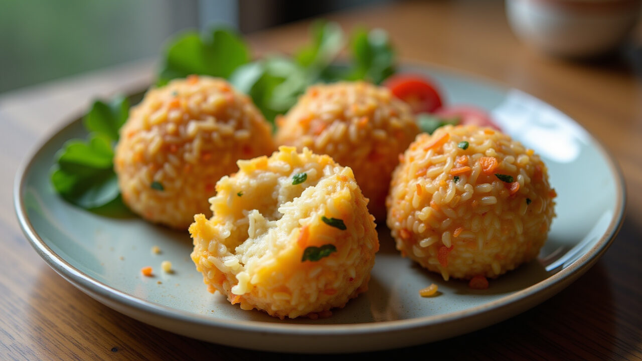 Rice balls, rice casserole, creative dishes made with leftover rice, food photography, 8k, Bolinho de arroz e arroz de forno, receitas criativas com sobras de arroz.