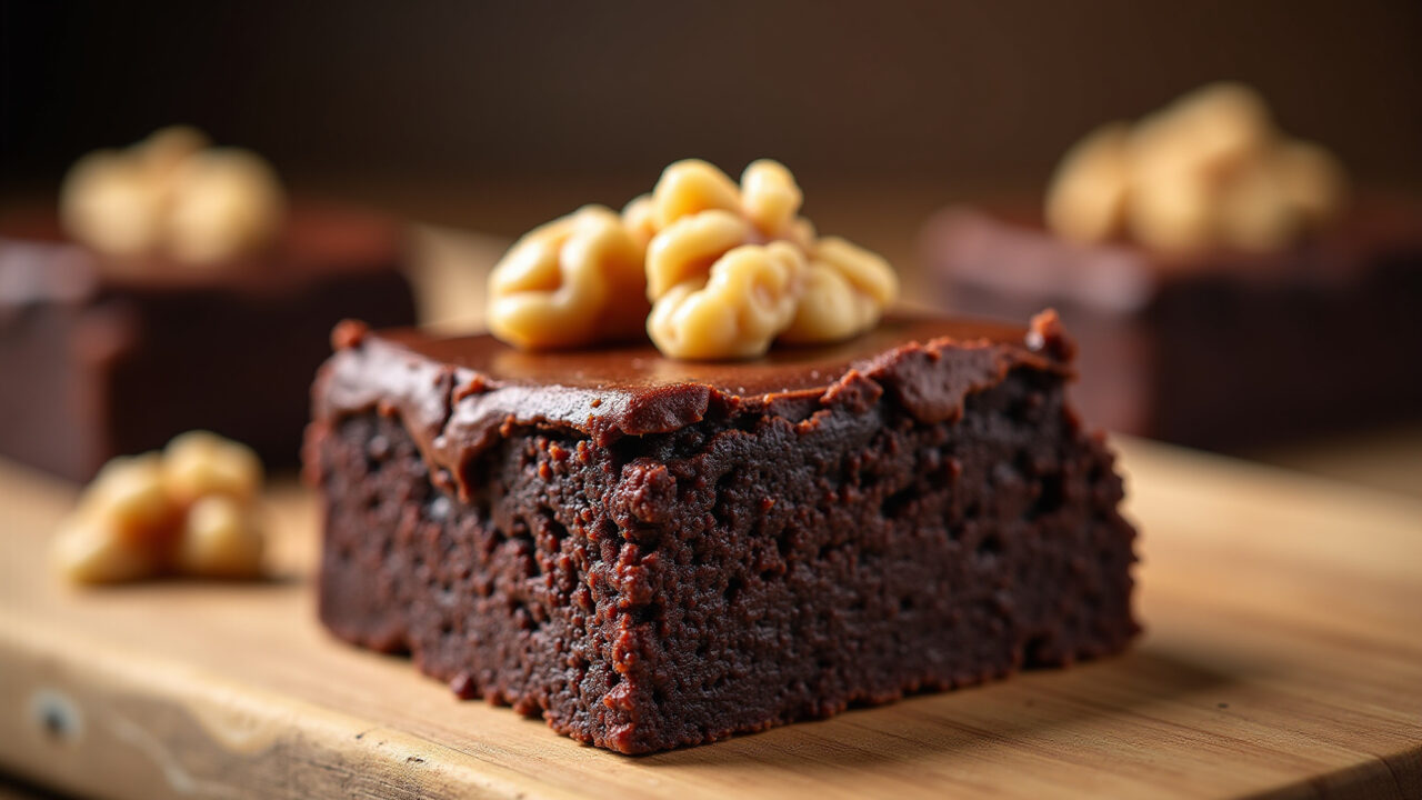Rich chocolate whey protein brownie with walnuts, served on a wooden board, studio lighting, Brownie de whey de chocolate com nozes.
