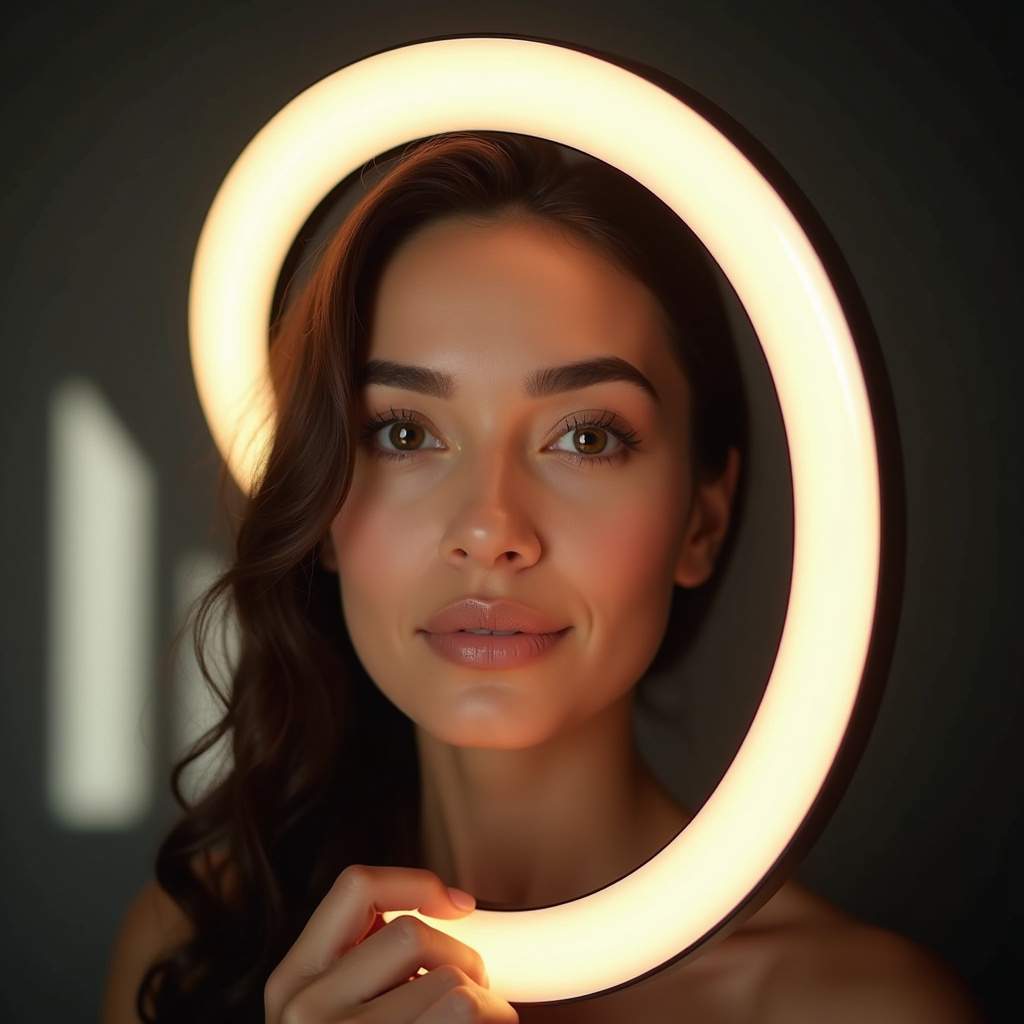 Ring light illuminating a face with makeup, bright natural lighting, commercial photography, 8K Ring light iluminando rosto maquiado.