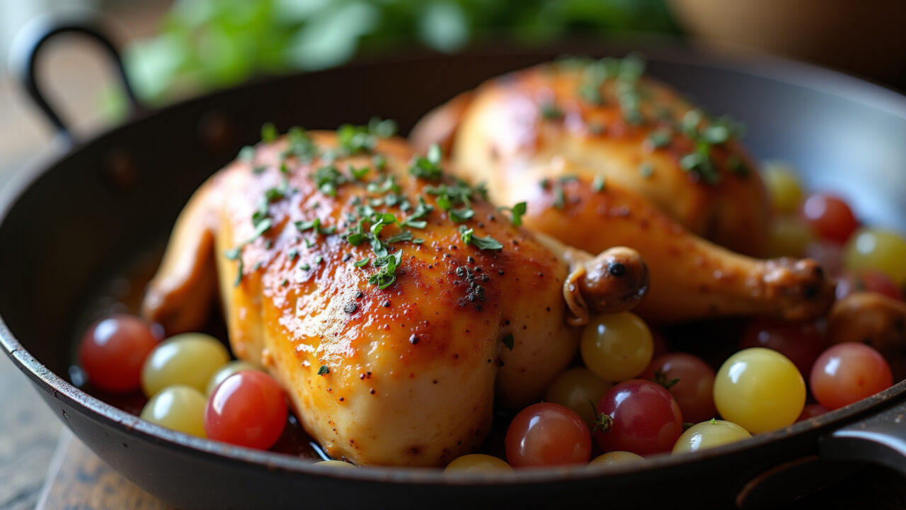 Roasted chicken with grapes, herbs, spices, rustic pan, golden skin, natural light, 8K quality, Frango assado com uvas, ervas e especiarias.