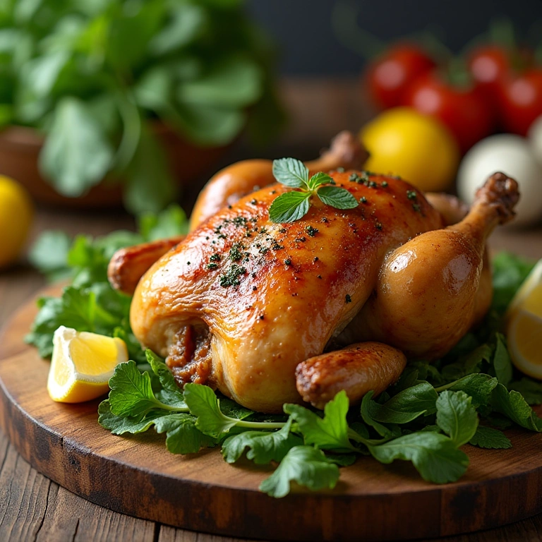 Roasted chicken with lemon and herbs on a wooden board, surrounded by a green salad. Natural light, Frango assado com limão e ervas, clássico leve e saboroso.