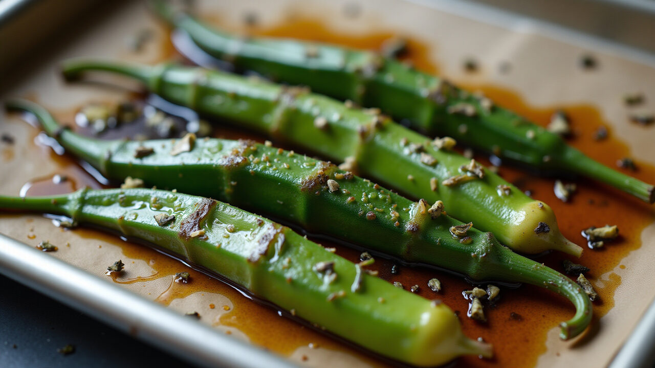 Roasted okra, herbs, olive oil, baking sheet, natural light, 8K, professional photography, sharp Quiabo assado no forno, opção leve.