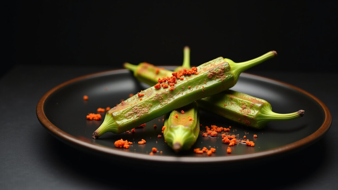 Roasted okra with spices, curry, paprika, elegant plate, dark background, natural light, 8K Quiabo assado com especiarias.