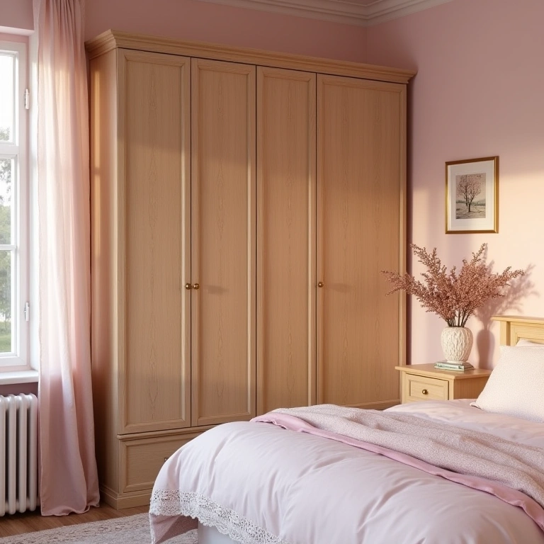 Romantic bedroom with wood-look MDF wardrobe, soft pink tones, lace details, warm lighting, Quarto romântico com guarda-roupa MDF amadeirado.