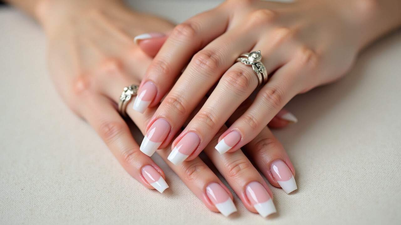 Rose french tip nails, elegant hands, professional photography, 8K quality, sharp focus, Unhas rosê com francesinha moderna.
