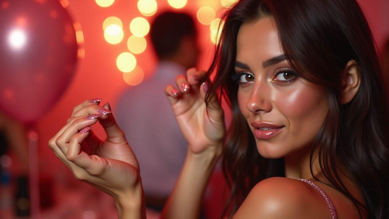 Rose glitter nails, party setting, bokeh background, professional photography, 8K quality, sharp Unhas rosê com glitter brilhante.