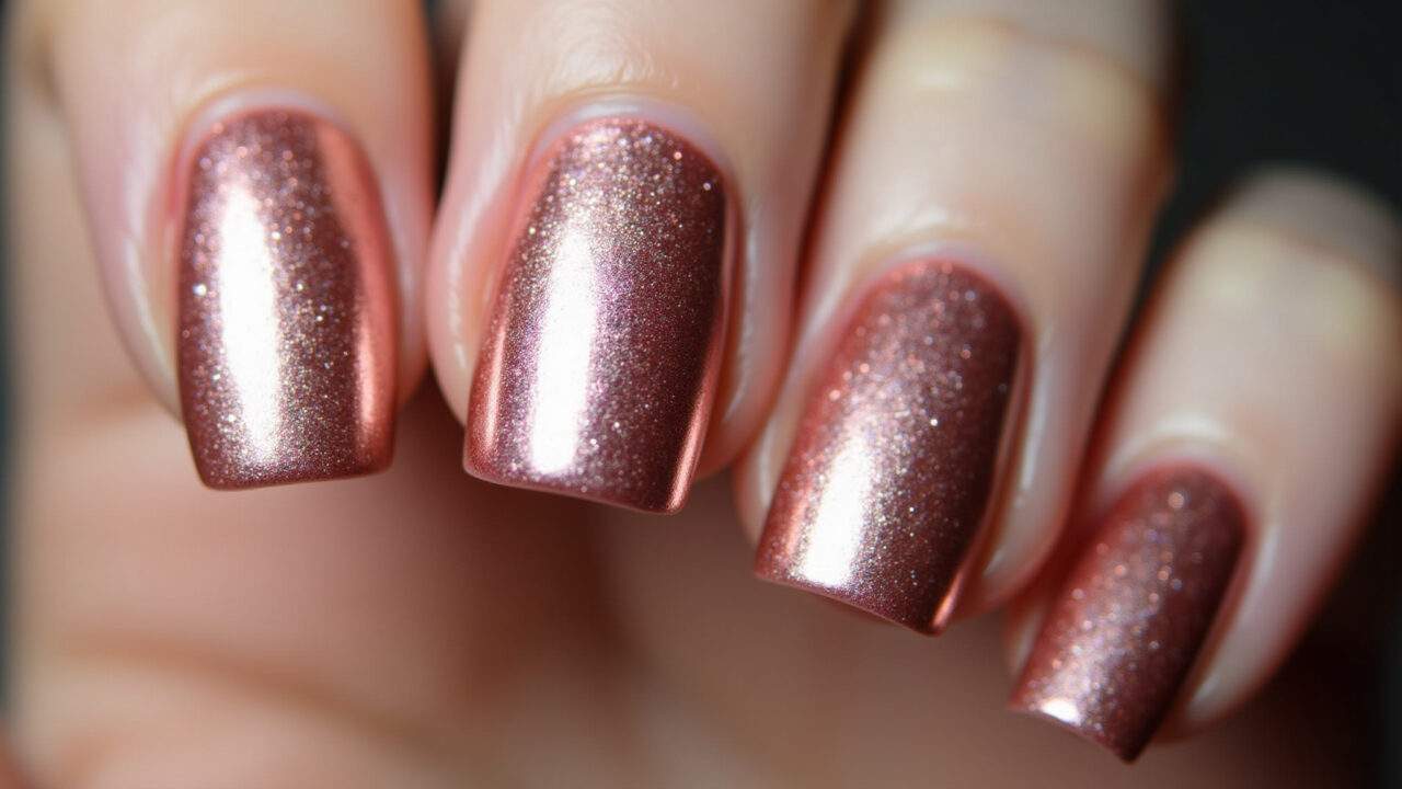 Rose metallic nails, shiny effect, professional photography, 8K quality, sharp focus, Unhas rosê metalizadas e brilhantes.