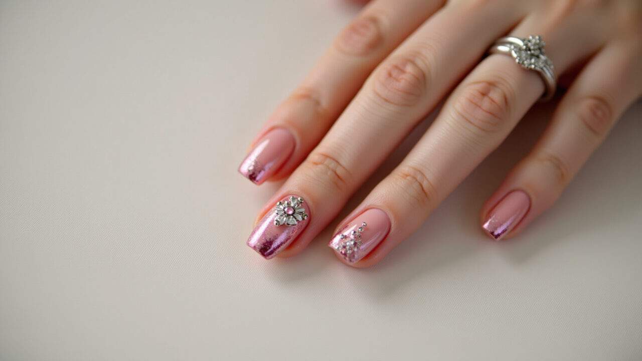 Rose nails for bride, elegant details, professional photography, 8K quality, sharp focus, Unhas rosê para noivas elegantes.