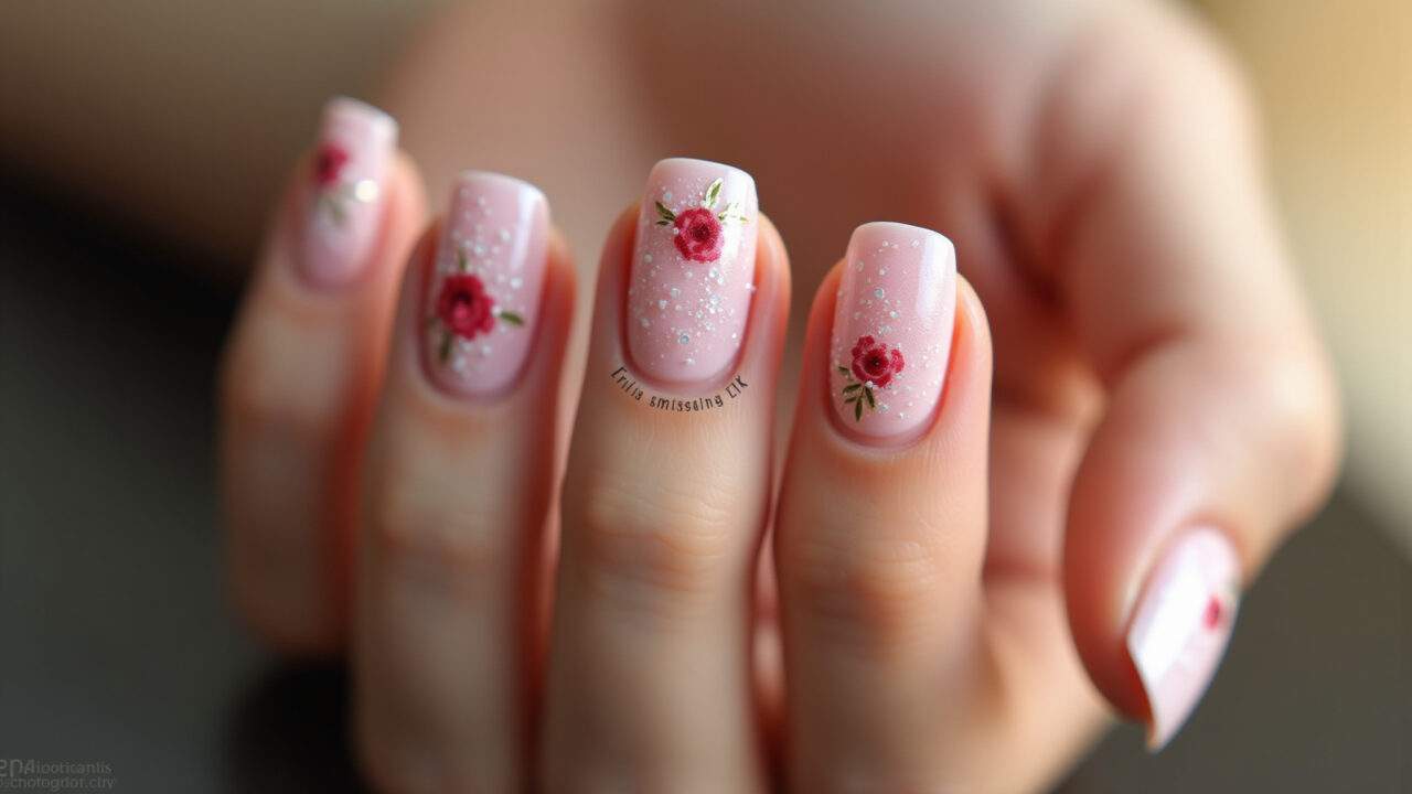 Rose nails with delicate floral design, soft focus, natural light, professional photography, 8K Unhas rosê com decoração floral delicada.