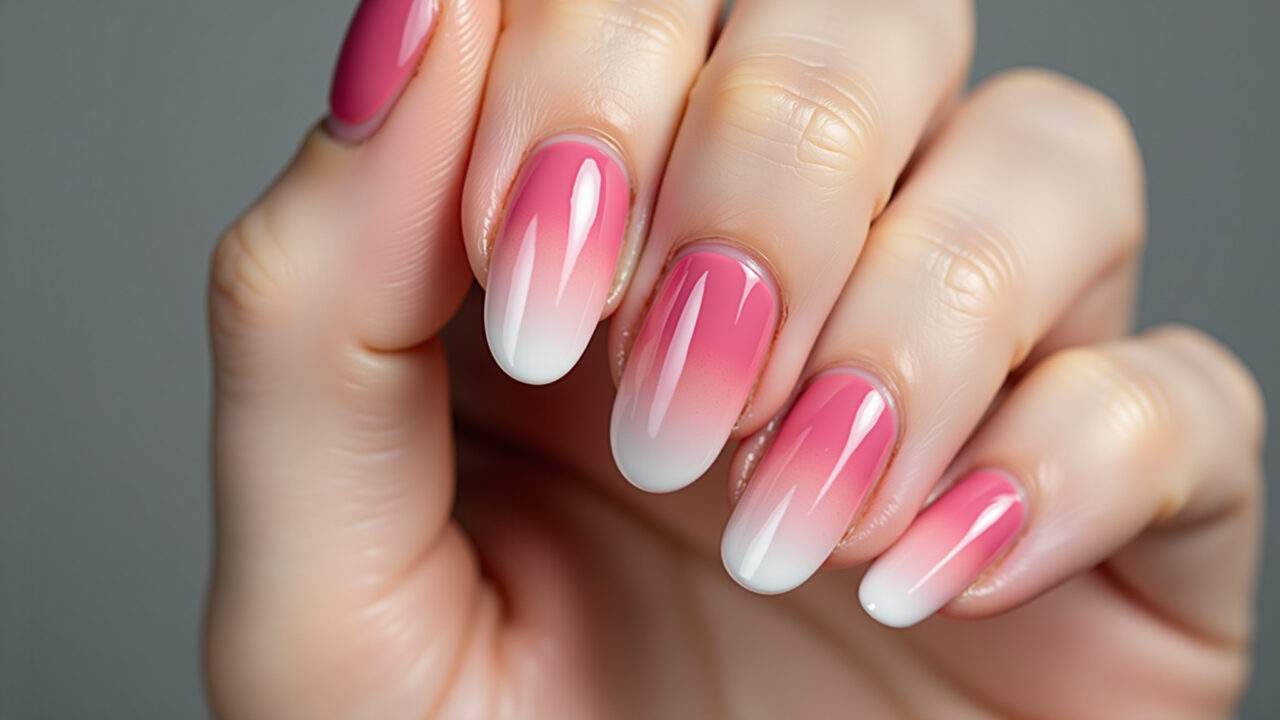 Rose ombre nails, soft transition, professional photography, 8K quality, sharp focus, Unhas rosê degradê (ombré) suaves.