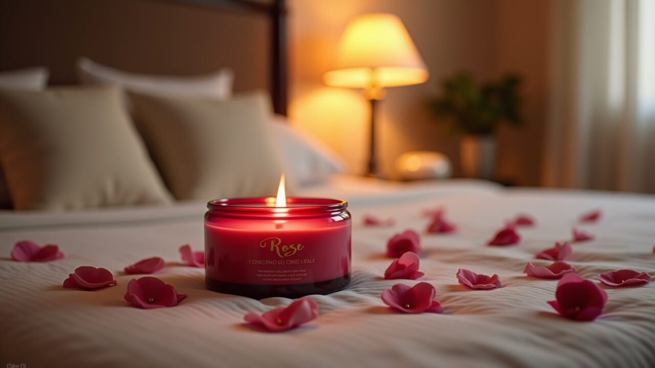 Rose scented candle, romantic bedroom, delicate details, warm light, passionate Brazilian Vela de rosas para romantismo.
