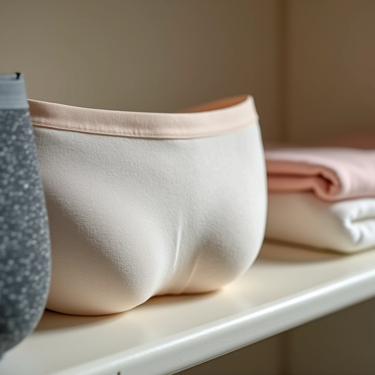 Roupas íntimas de algodão em uma prateleira, representando tecidos respiráveis.