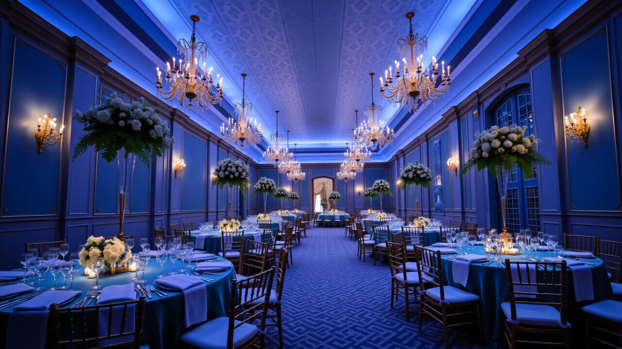 Casamento azul royal em ambiente fechado com lustres.