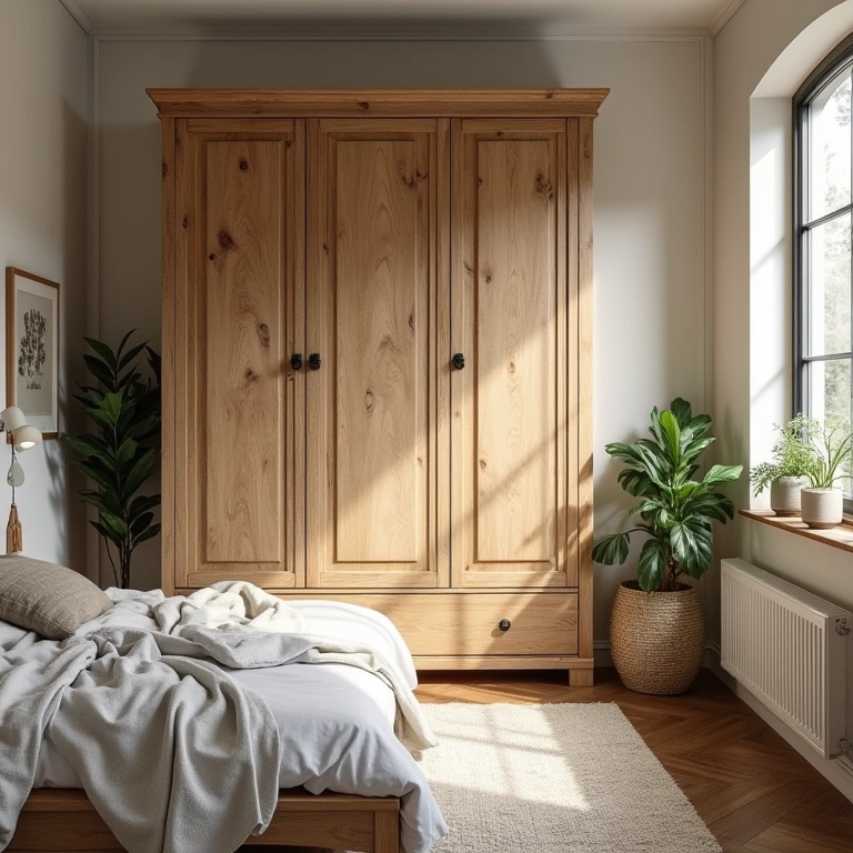 Rustic bedroom with reclaimed wood-look MDF wardrobe, natural elements, plants, cozy atmosphere, Quarto rústico com guarda-roupa MDF imitação madeira de demolição.