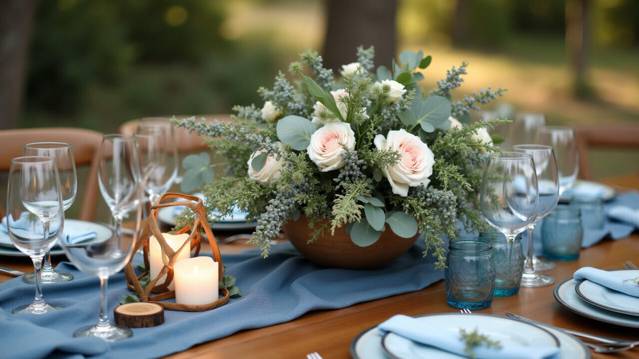 Decoração de casamento azul rústico com madeira e flores do campo.