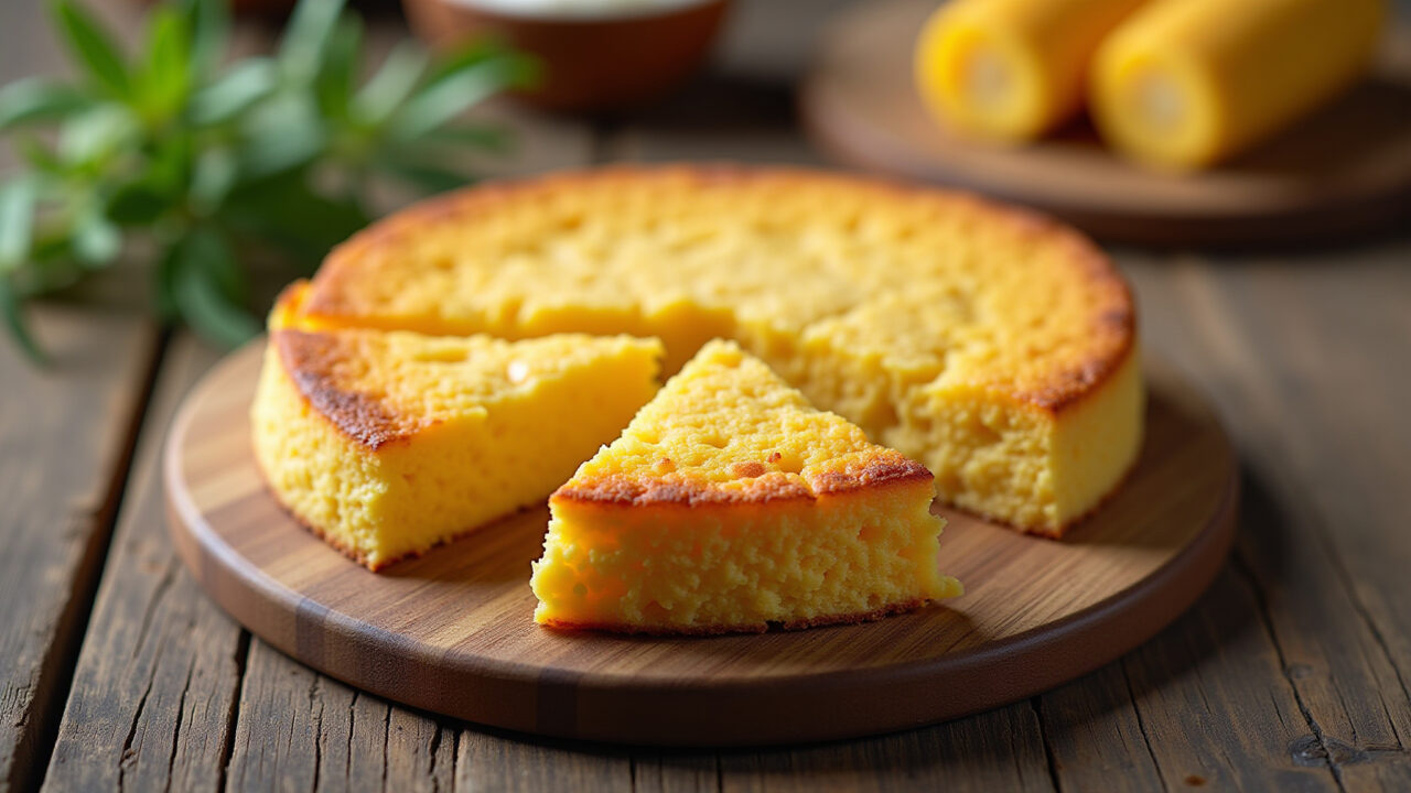 Rustic creamy corn cake with cornmeal texture, served on a wooden board, farm setting, natural Bolo cremoso de milho com fubá.