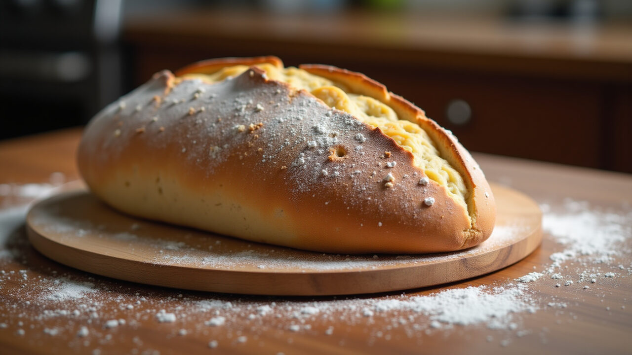 Rustic homemade bread on a wooden board, flour scattered, warm light, cozy kitchen, lifestyle Pão caseiro simples feito com farinha de trigo.