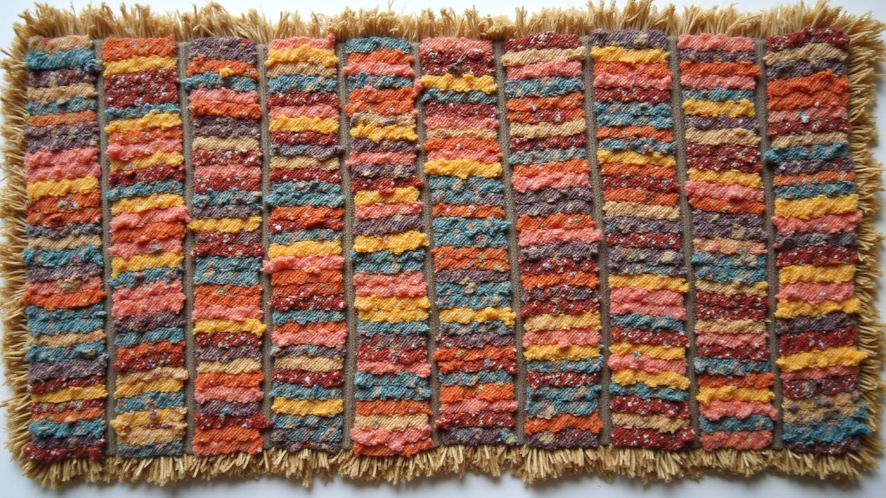 Rustic jute base with vibrant fabric scraps tied, showcasing texture of a no-sew rag rug. Natural Base de juta para tapete de retalhos.