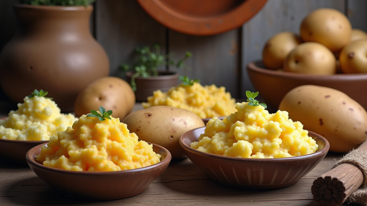 Rustic kitchen scene, various types of potatoes (asterix, rosa, baroa) displayed with cooked mashed Diferentes tipos de batata para purê.