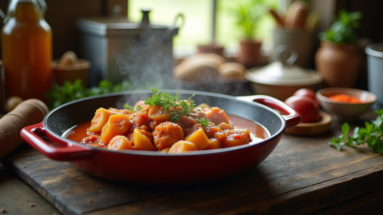 Rustic kitchen scene, vibrant 'Frango com Quiabo' simmering, natural light, Brazilian spices, 8k, Frango com Quiabo caseiro fumegante em panela de barro.