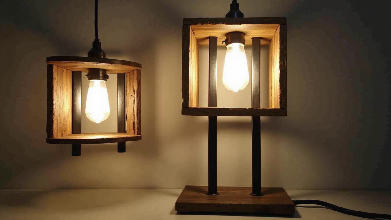 Rustic lamp made of reclaimed wood and iron, industrial style, modern, versatile, Brazilian home Luminária rústica de madeira de demolição e ferro.