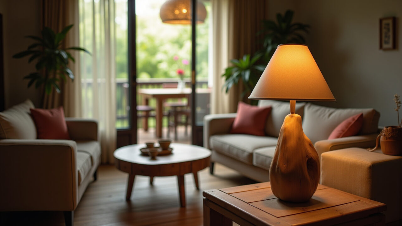 Rustic lamp made of reclaimed wood in a cozy living room, warm natural lighting, Brazilian design Luminária rústica de madeira de demolição na sala de estar.