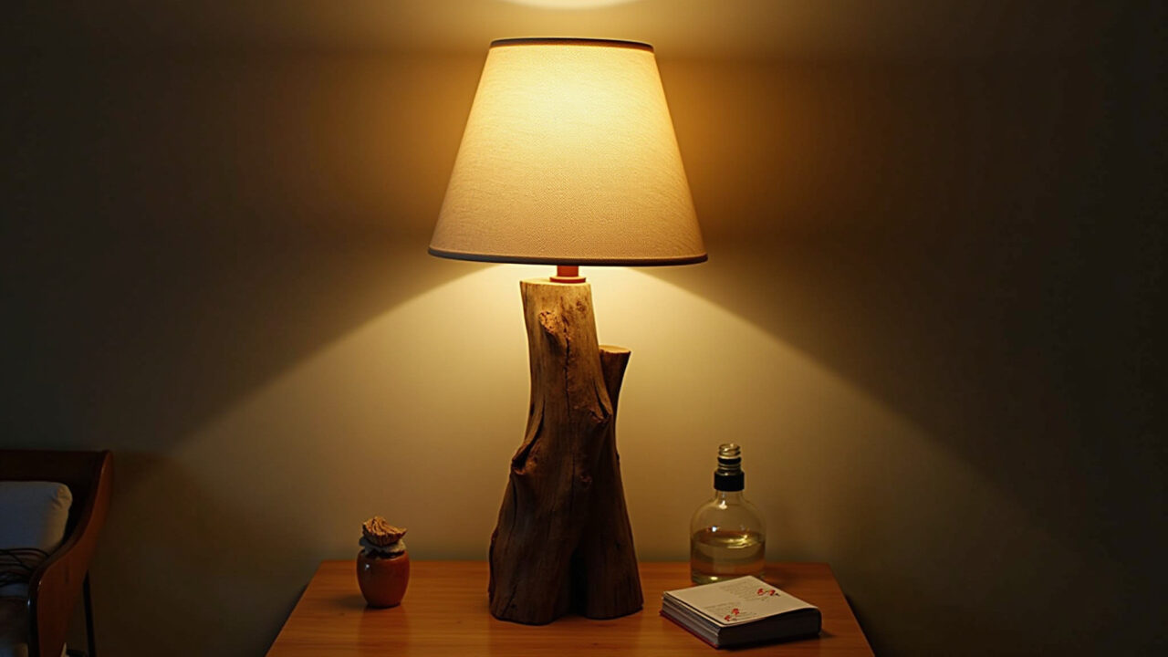 Rustic lamp made of reclaimed wood with fabric lampshade, soft lighting, cozy, relaxing atmosphere, Luminária rústica de madeira de demolição com cúpula de tecido.