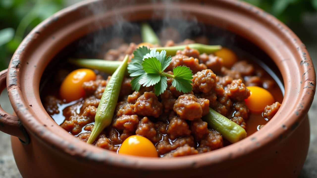 Rustic okra and ground beef stew simmering in a clay pot, vibrant colors, natural light, Quiabo com carne moída caseiro em panela de barro.