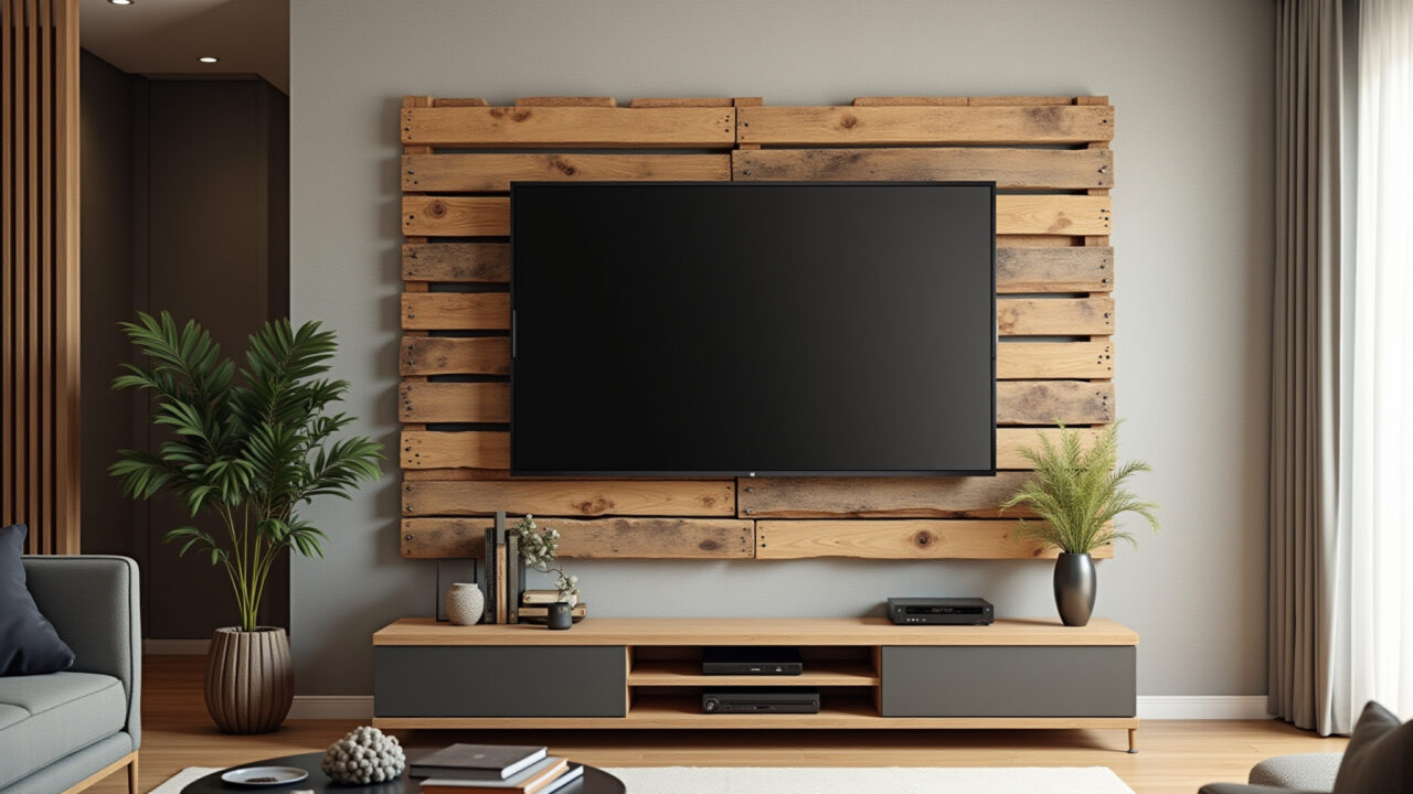 Rustic pallet TV panel, cozy living room, Brazilian style, natural lighting, professional Painel de TV rústico feito com paletes de madeira.