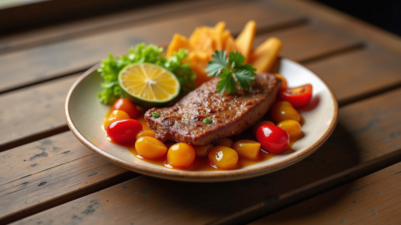 Rustic plate of 'quiabo refogado com carne seca', traditional Brazilian dish, vibrant colors, Quiabo refogado com carne seca, prato regional brasileiro.