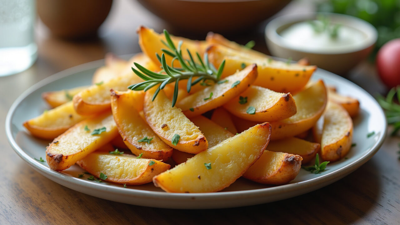 Rustic potato wedges with rosemary and garlic, golden brown, natural light, wooden table, lifestyle Batatinhas assadas com alecrim e alho, prontas para servir.