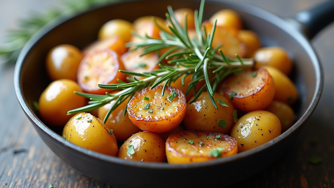 Rustic potatoes with rosemary and garlic, golden brown, natural lighting, professional photography, Batatas rústicas assadas com alecrim e alho, prontas para servir.