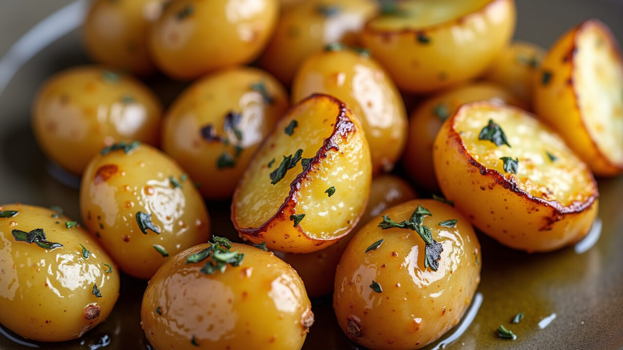 Rustic roasted potatoes with herbs, crispy edges, olive oil, close-up, gourmet, 8K quality, Batatinha rústica ao forno com ervas finas, crocante e aromática.