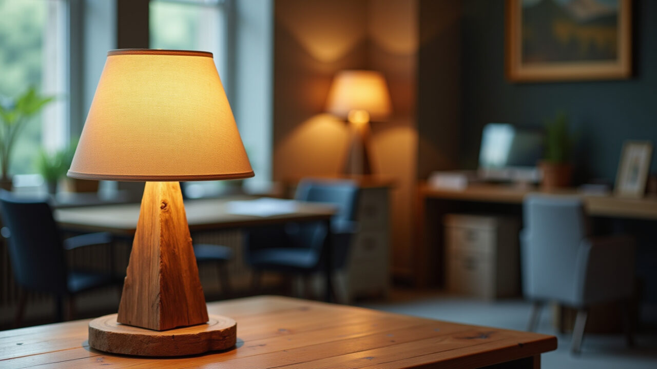 Rustic table lamp made of reclaimed wood on a desk in an office, personal and cozy, unique Luminária de mesa rústica no escritório.