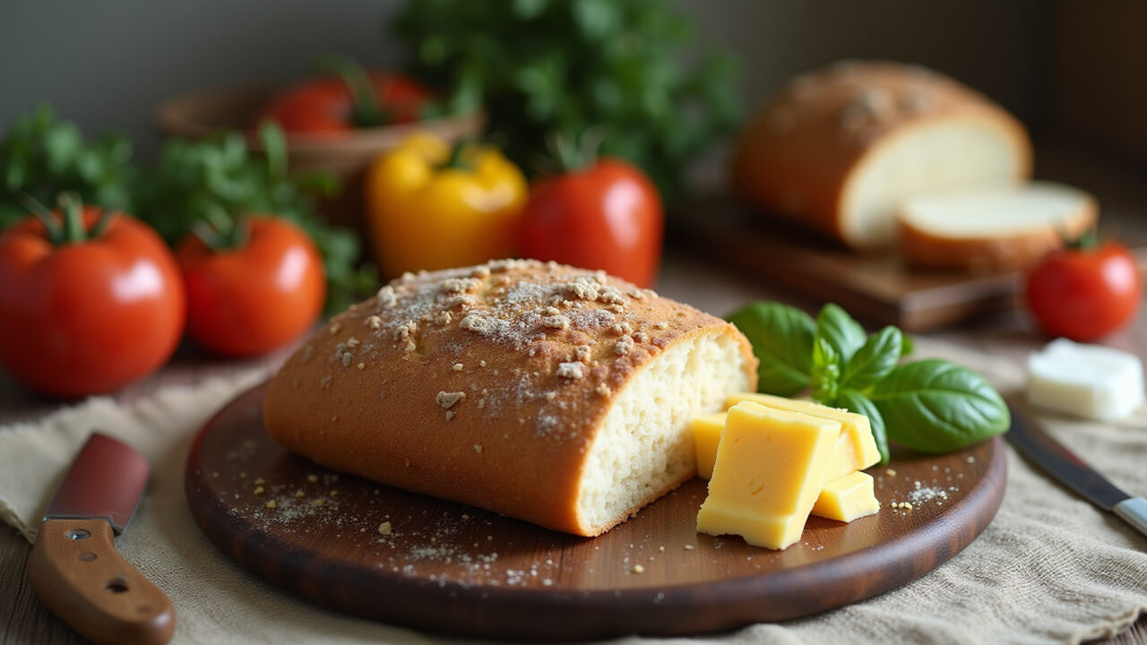 Rustic table with homemade bread and cheese, simple ingredients, Brazilian cuisine, natural light, Mesa rústica com pão e queijo caseiros, culinária brasileira.