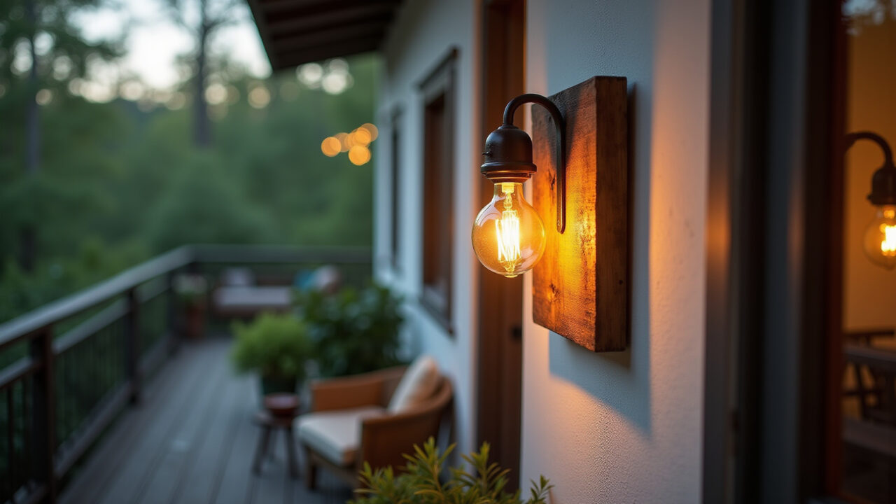 Rustic wall lamp made of reclaimed wood on a cozy veranda, soft lighting, plants, relaxing nights, Arandela rústica de madeira de demolição na varanda.