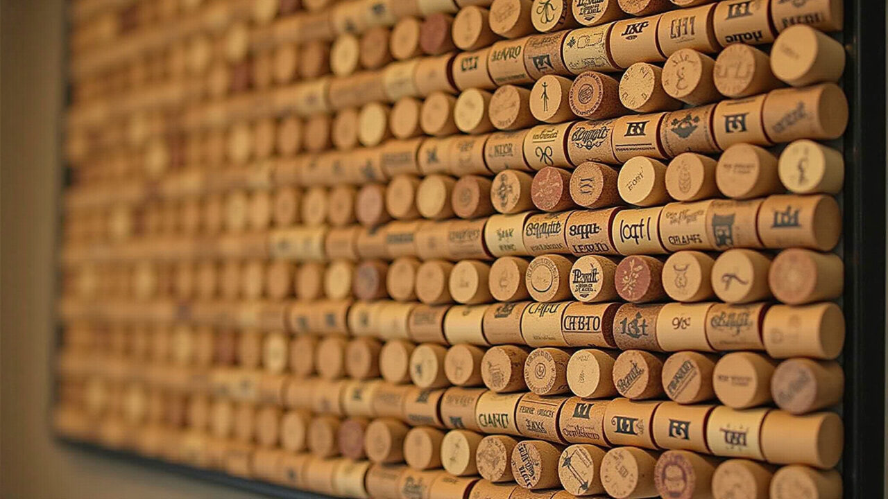 Rustic wine cork wall art, geometric patterns, warm lighting, Brazilian home decor, professional Quadro decorativo feito com rolhas de vinho em parede rústica.