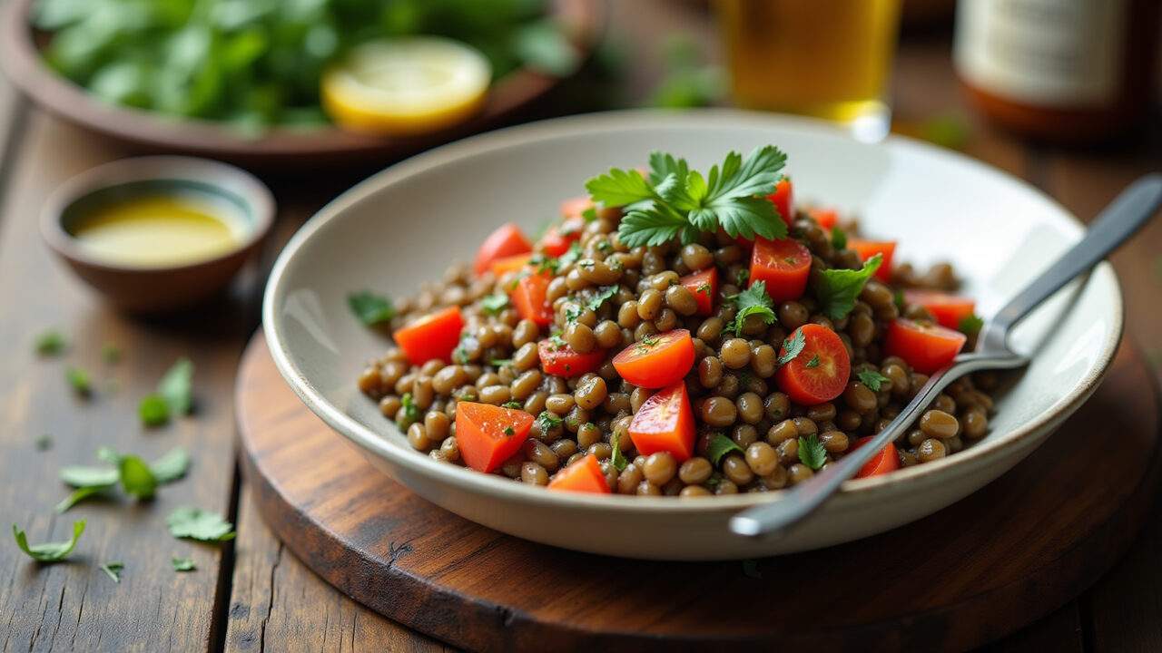 Rustic wooden table with lentil salad, cooked vegetables, herbs, olive oil. Natural light, 8K, Salada de lentilha e legumes em mesa rústica.