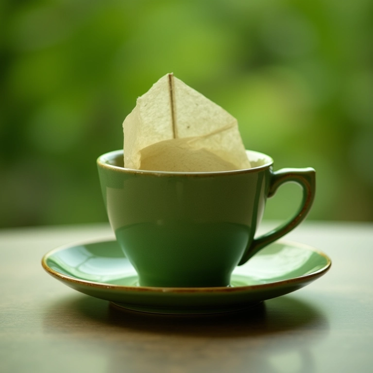 Sachê de chá verde usado em um pires.