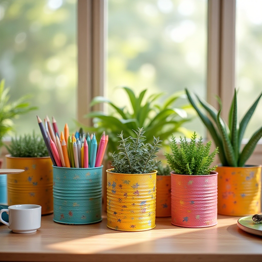 Sala de artesanato organizada com latas decoradas como organizadores e vasos de plantas.