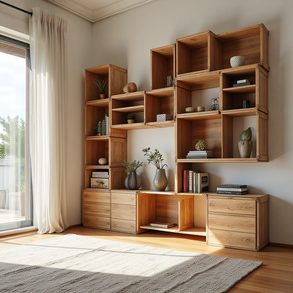 Sala de estar elegante com estantes modulares feitas de caixotes de feira reciclados.